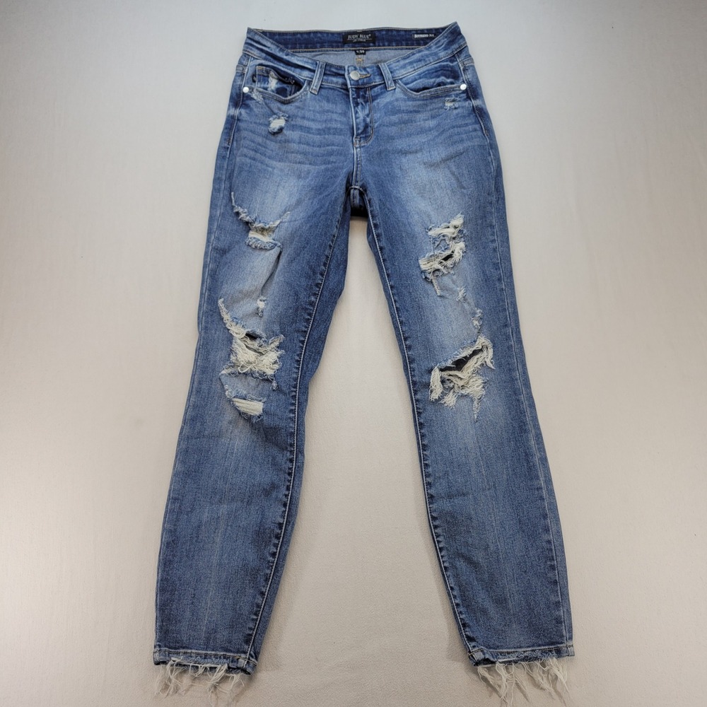 Judy Blue Boyfriend Jeans Womens 1/25 Blue Distressed Frayed Hem Medium Wash